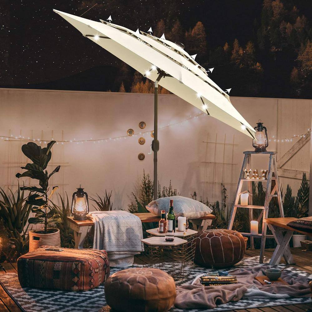 10ft Beige Solar LED Outdoor Patio Umbrella with Steel Pole
