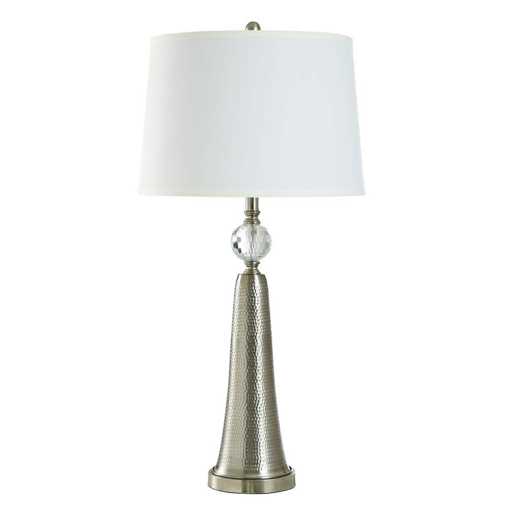 Brushed Steel Table Lamp with White Linen Shade and Crystal Accent