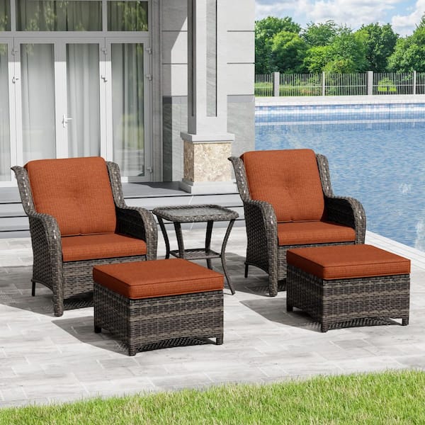 Gardenbee 5-Piece Wicker Outdoor Patio Conversation Set with Orange Cushions, Ottomans and Side Table