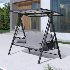 Patio 3-seat Adjustable PVC Canopy Porch Swing with Side Cup Holder, Cushions and Pillow Included, Gray
