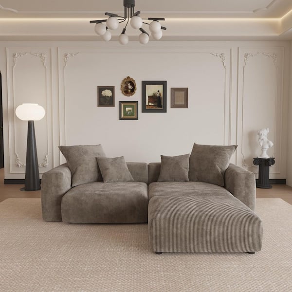 102.36 in. Square Arm Corduroy Modular 3-Piece L-Shaped Sofa Couch with Deep Seats and Ottoman For Living Room in. Brown