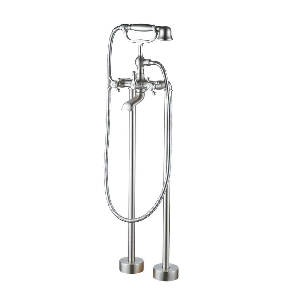 3-Handle Claw Foot Freestanding Tub Faucet with Hand Shower in Brush Nickel