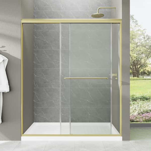 60 in. W x 70 in. H Pivot Semi-Frameless Shower Door in Brushed Gold Finish with Tempered Glass