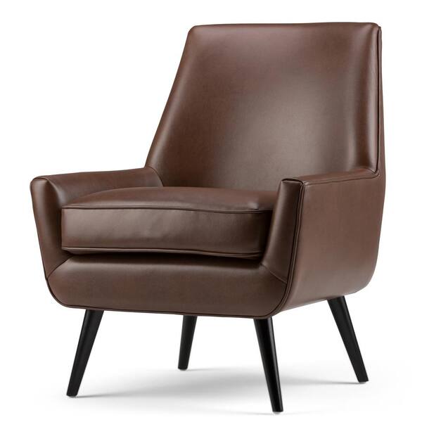 Simpli Home Warhol 30 in. Wide Mid Century Modern Accent Chair in Saddle Brown Faux Air Leather