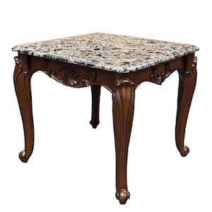 Nayla 27.75 in. Natural Marble Top and Cherry Finish Rectangle Wood end table
