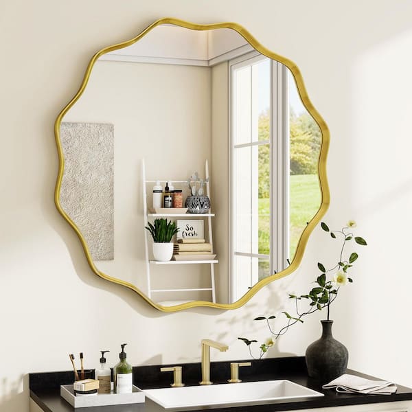 30 in. W x 30 in. H Round Decorative Wave-Edge Gold Metal Deep-Framed Wall Bathroom Vanity Mirror