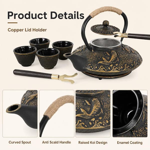 Wudkey 4-Cup Black Cast Iron Teapot Set Stove Top Tea Kettle with