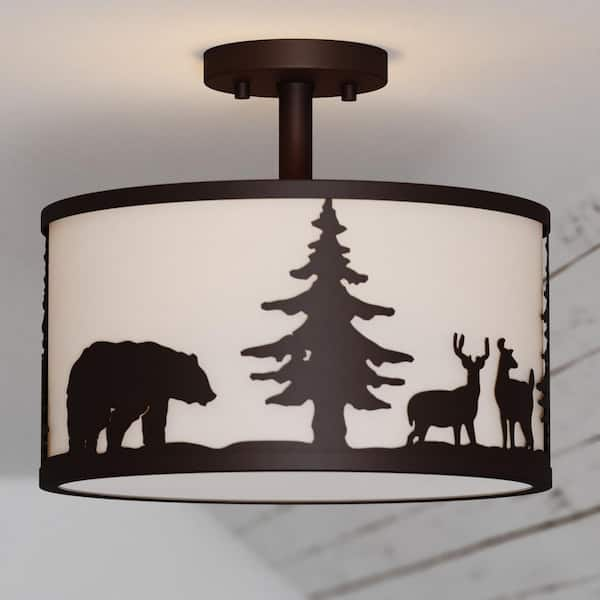 Acadia 13 in. W Bronze Rustic Semi Flush Mount Ceiling Light White Linen Deer Tree