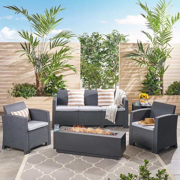 Noble House Rensing 5-Piece Faux Wicker Outdoor Patio Fire Pit Conversation Set with Light Grey Cushions