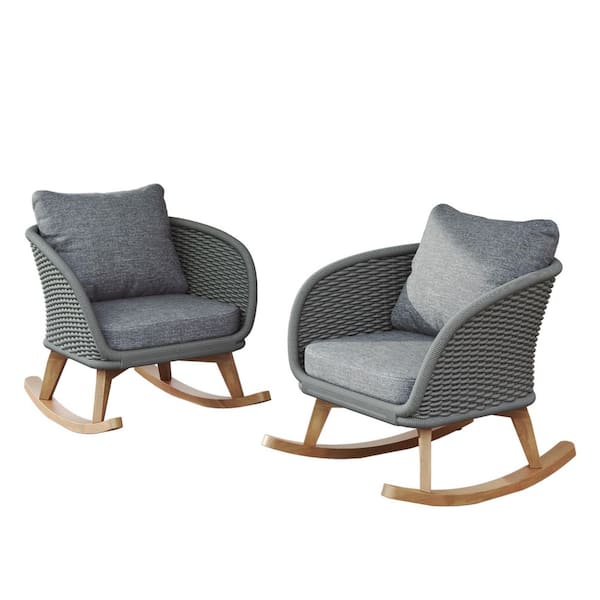 29.5 in. Contemporary Minimalist Wicker Wood Outdoor Rocking Chair with Soft Polyester Gray Cushions