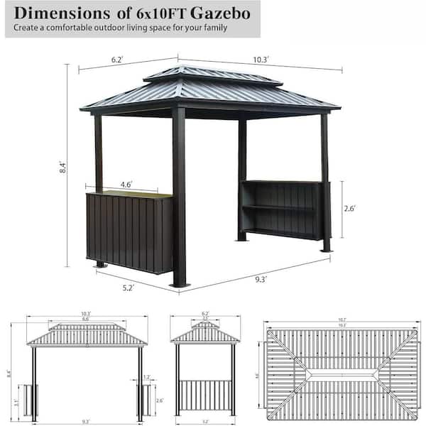 6 ft. x 10 ft. Hardtop Grill Gazebo, Outdoor BBQ Gazebo Canopy with Double GalvanizedSteel Roof 2-Cabinets Ceiling Hooks