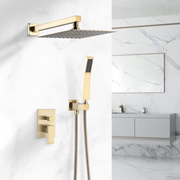 1-Spray Patterns with 2.5 GPM 12 in. Wall Mount Fixed Shower Head with Deluxe Rain Mixed Shower Set in Brushed Gold