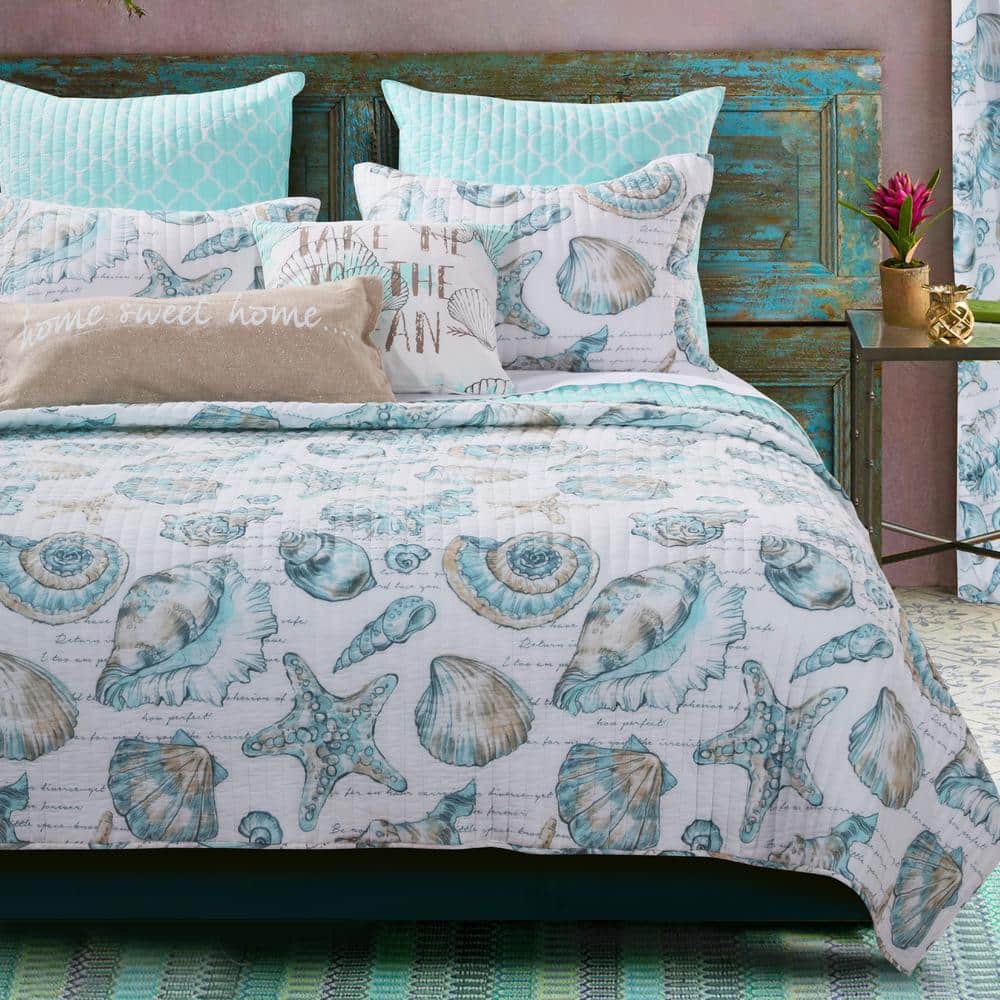 King Size White and Aqua Microfiber Reversible Quilt Set