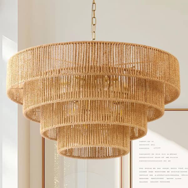 6-Light Brown Woven Tier Tiered Chandelier for Dining Room with No Bulbs Included