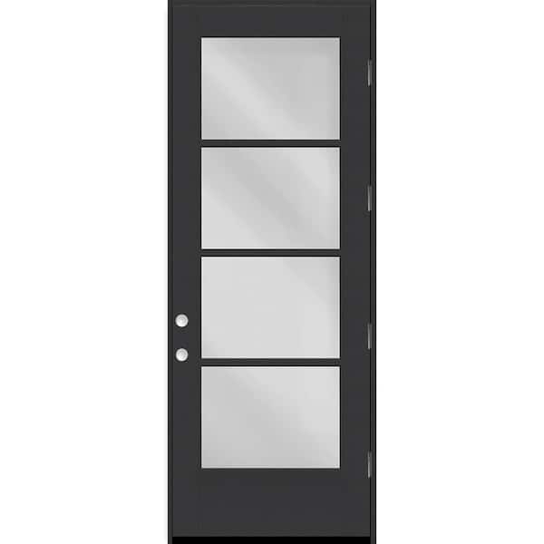 Legacy 32 in. x 96 in. Icon 4-Lite Modern Clear Glass RHOS Black Fiberglass Prehung Front Door with 6-9/16 in. Jamb