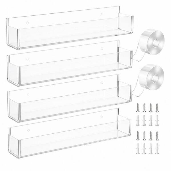4-Pack Clear Adhesive Acrylic Spice Rack with 2-Nano Double Sided Tape, Wall Mount Spice Shelf for Kitchen