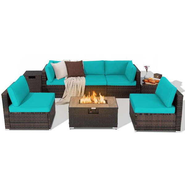 Costway 8-Piece Patio Rattan Furniture Set Fire Pit Table Tank Holder Cover Deck Turquoise