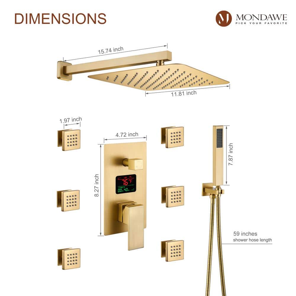 Brushed Gold Wall Mounted Dual Shower System with Digital Display