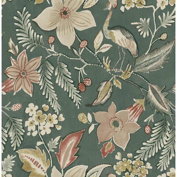 SCOTT LIVING Crestwood Sea Green Matte Crowned Crane Non-Pasted Non-Woven Paper Wallpaper
