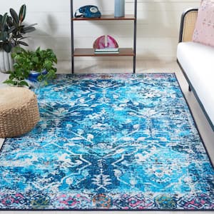 Riviera Navy/Light Blue 8 ft. x 10 ft. Machine Washable Floral Geometric Area Rug