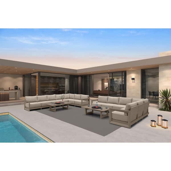 15 Pieces Patio Conversation Sets All Weather Outdoor Couch Sectional Set with Cushion Conversation Set Khaki