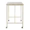 Rectangular writing desk with metal frame and wheels on a white background.