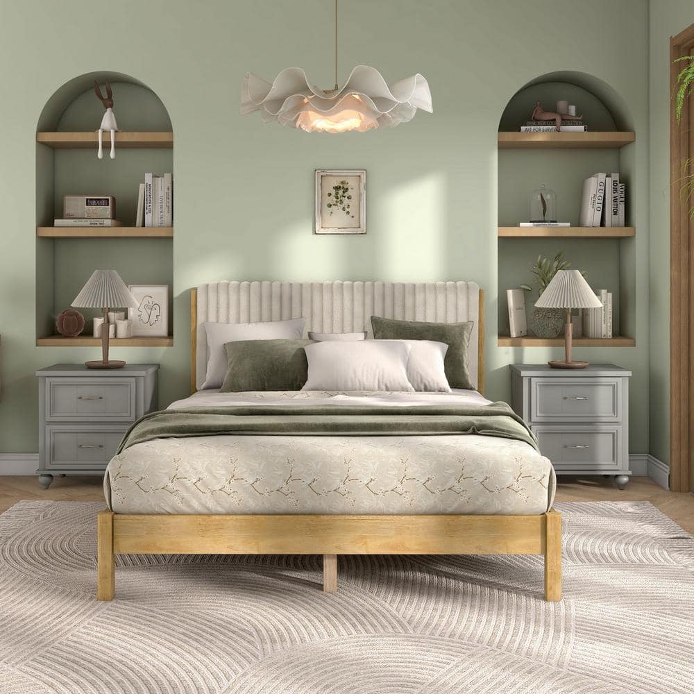 Alder Light Brown Rubberwood Queen Bed with Upholstered Headboard