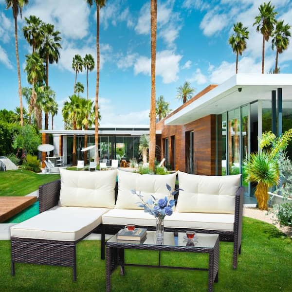 Unbranded Wicker Outdoor Combination Set Patio Furniture Set 3-Piece Set Wicker Rattan Sectional Sofa with Seat Cushion Beige