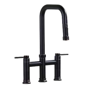 WOWOW 3 Holes Double Handle Brass Bridge Kitchen Faucet with Pull Down ...