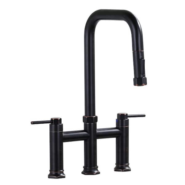 3 Holes Double Handle Bridge Kitchen Faucet with Pull Down Sprayer in Oil Rubbed Bronze