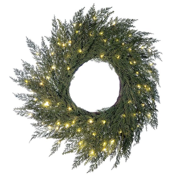 30 in. Green Battery-Operated Pre-Lit LED Cypress Artificial Christmas Wreath