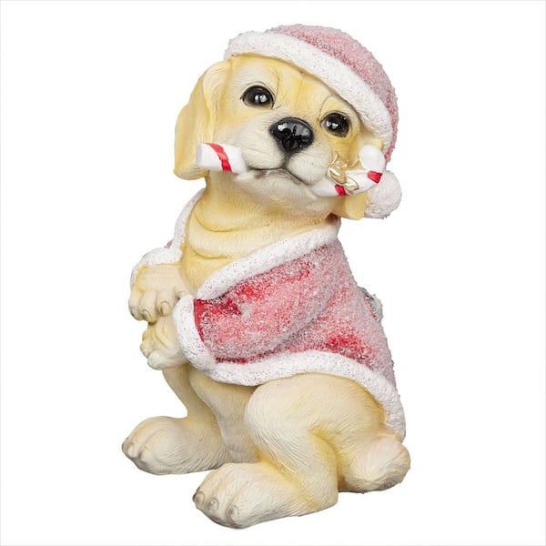 11 in. Tall Christmas Santa Golden Labrador Puppy Statue with Candy Cane