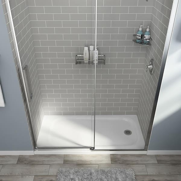4 Piece Glue Up Alcove Shower Wall, Grey Subway Tile Bathroom