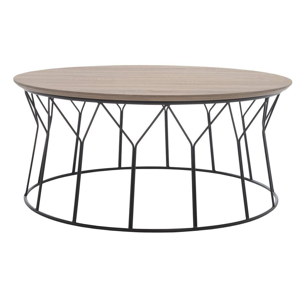 Transitional 35'' Round Beige Wood & Metal Coffee Table