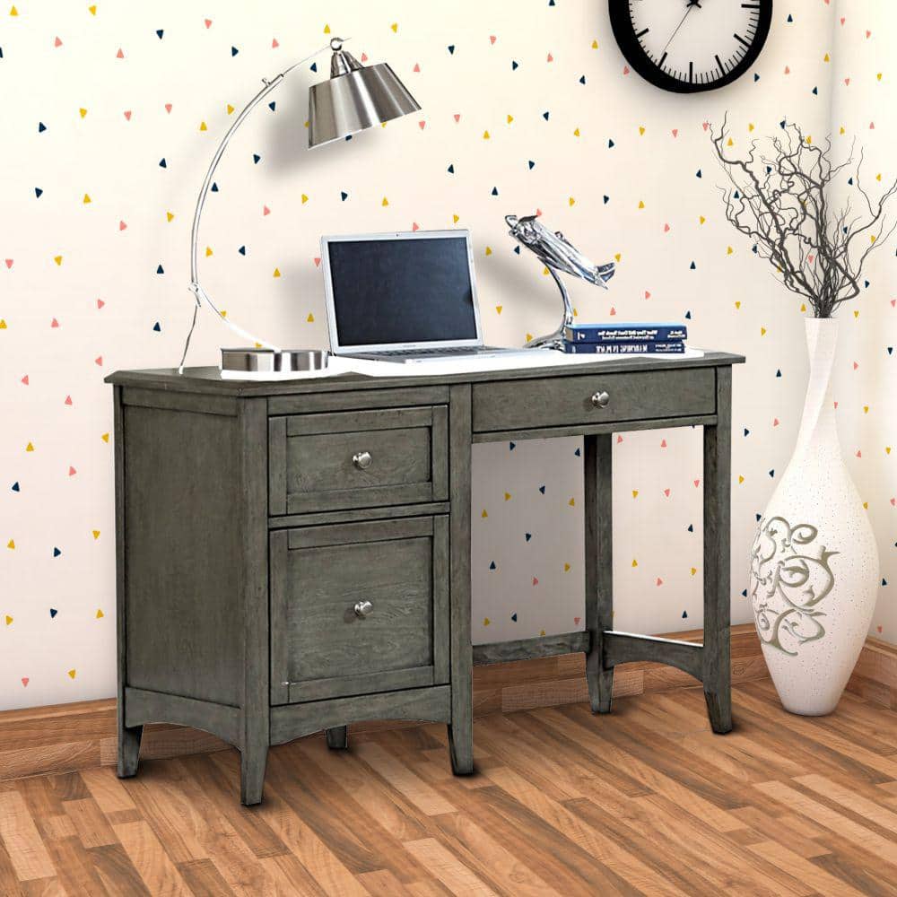 Elegant Gray Wooden Writing Desk with Keyboard Tray and Dual Drawers