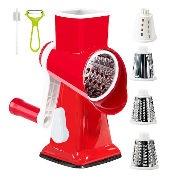 Stainless Steel Rotary Cheese Grater with Handle, Multifunctional Kitchen Tool for Fruits, Vegetables, Nuts (Red)
