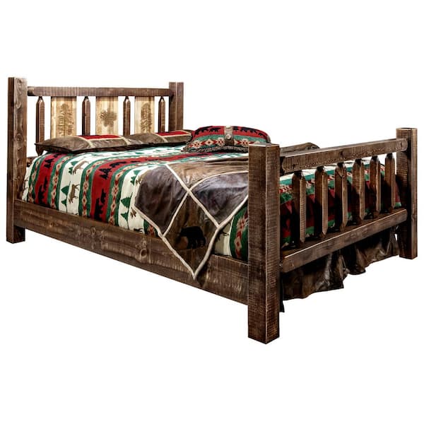 Montana Woodworks Homestead Collection Medium Brown King Laser Engraved Pine Motif Spindle Style Bed