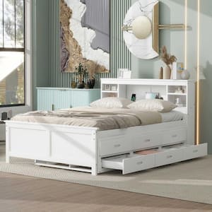 White Wood Frame Full Size Platform Bed ith Storage Headboard, USB, Twin Size Trundle and 3-Drawers
