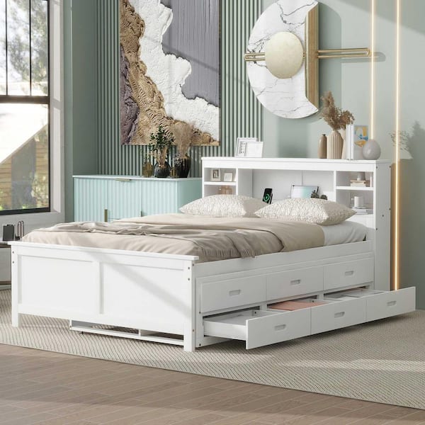 Polibi White Wood Frame Full Size Platform Bed ith Storage Headboard, USB, Twin Size Trundle and 3-Drawers