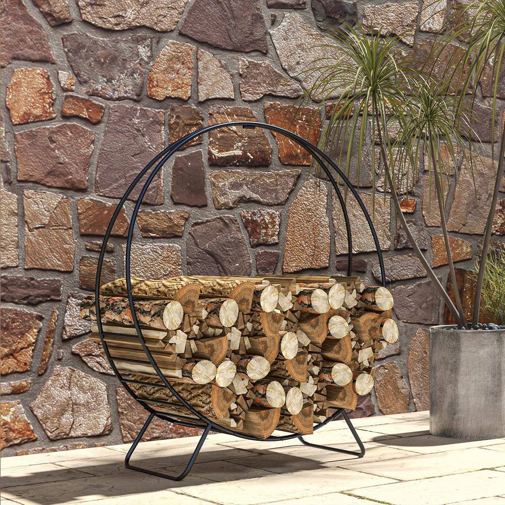 Black Powder Coated Steel 40" Firewood Rack with Waterproof Cover