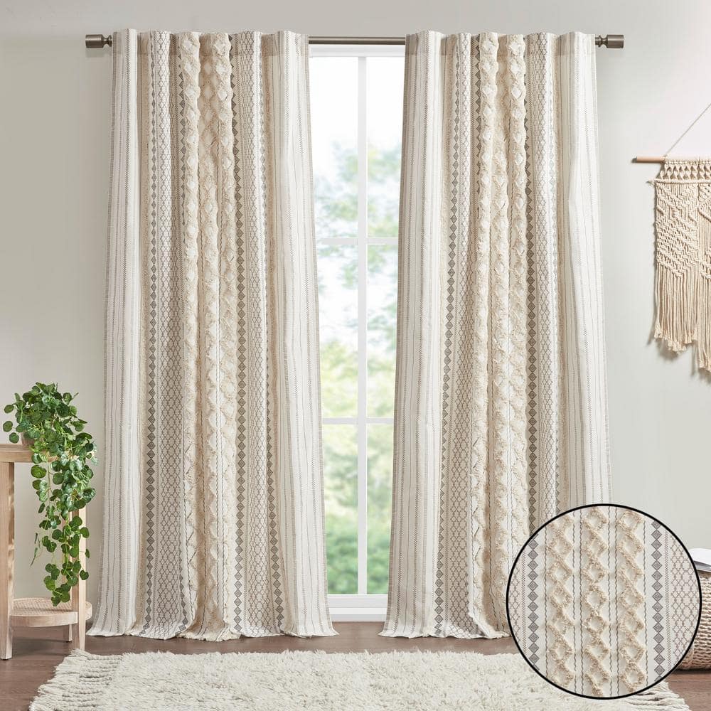 Ivory Cotton Chenille Stripe Room Darkening Curtain Panel