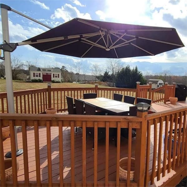 12 ft. Octagon Aluminum Solar powered LED Patio Outdoor Large Cantilever Umbrella Heavy Duty Sun Umbrella in Navy Blue