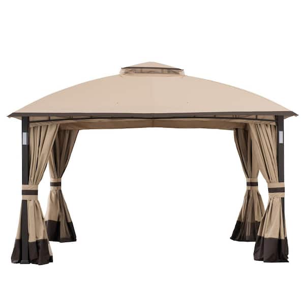 Sunjoy Wynonna 11 Ft X 13 Ft Tan And Brown Gazebo With Led Lighting And Bluetooth Sound 169292 The Home Depot
