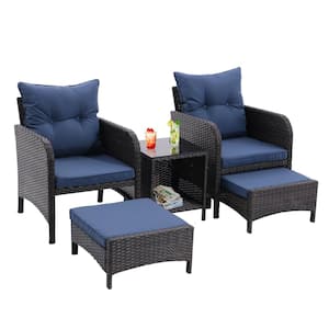 5-Piece Wicker All Weather Outdoor Patio Conversation Set with Blue Cushions and Ottomans for Poolside Garden Balcony