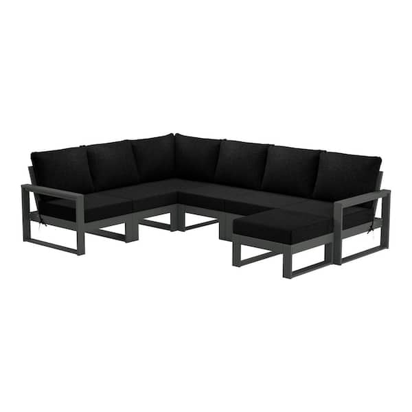 Endless Gray Frame 7-Piece Plastic Outdoor Patio All Weather Modular Sectional Ottoman Set with Gray Cushions
