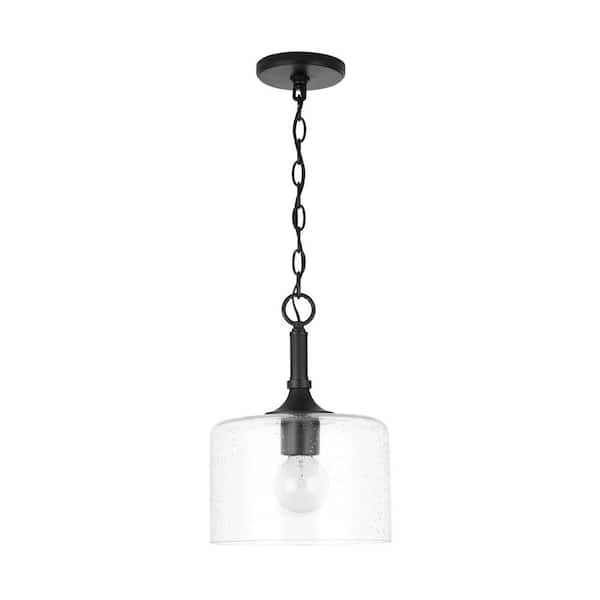 Carter 10 in. W x 14 in. H 1-Light Clear Seeded Glass Pendant in Matte Black