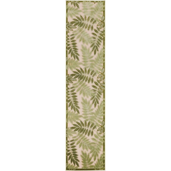 Nourison Aloha Ivory Green 2 ft. x 8 ft. Floral Contemporary Indoor/Outdoor Runner Area Rug