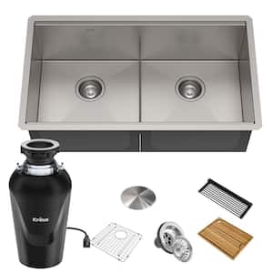 Kore 16 Gauge Stainless Steel 33" Double Bowl Undermount Kitchen Sink with WasteGuard Continuous Feed Garbage Disposal