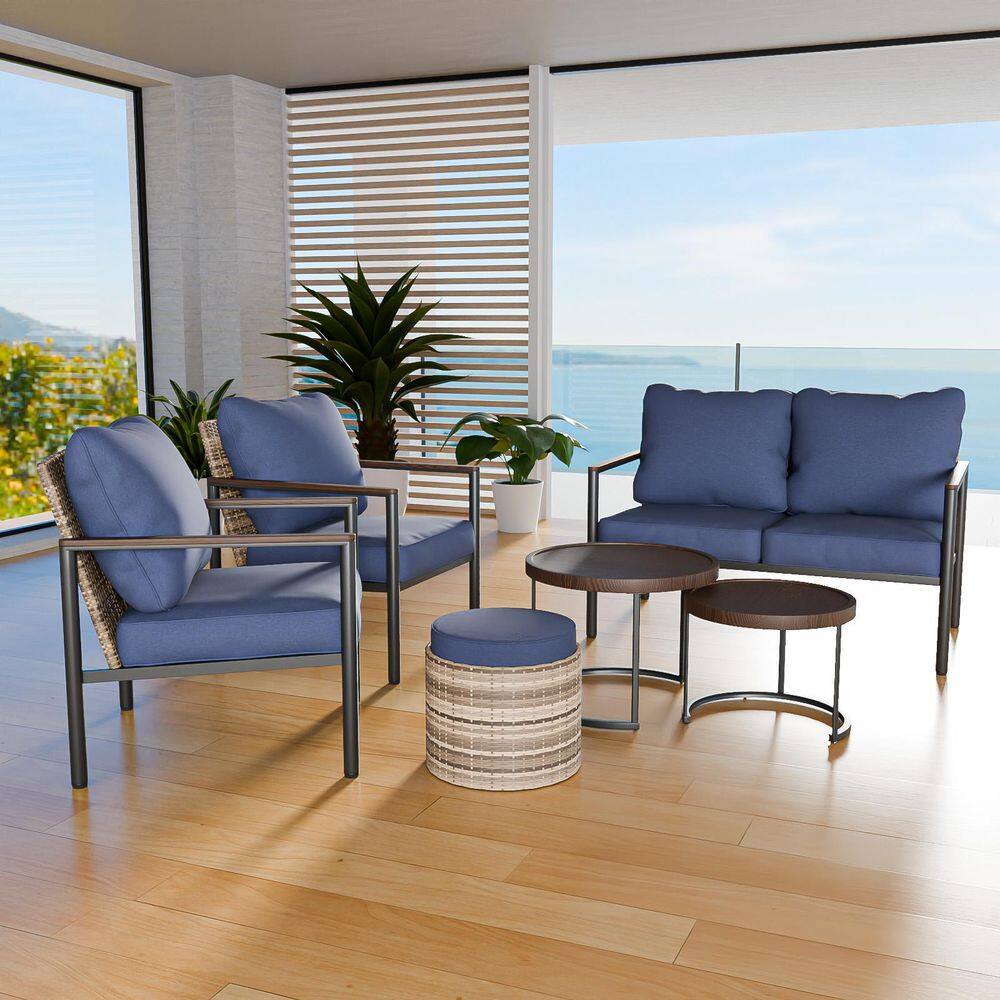 6-Piece Brown Wicker Outdoor Patio Conversation Set with Blue Cushions, with Nesting Coffee Tabels and Ottoman price history on PriceWatchPro