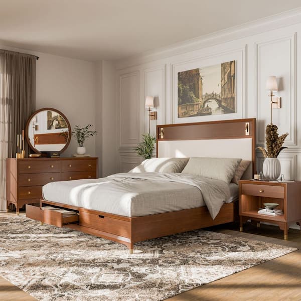 Furniture of America Forma Mid Century 4-Piece Walnut Wood King Storage  Platform Bedroom Set with Nightstand and Dresser/Mirror 74000WNEKST-4PC